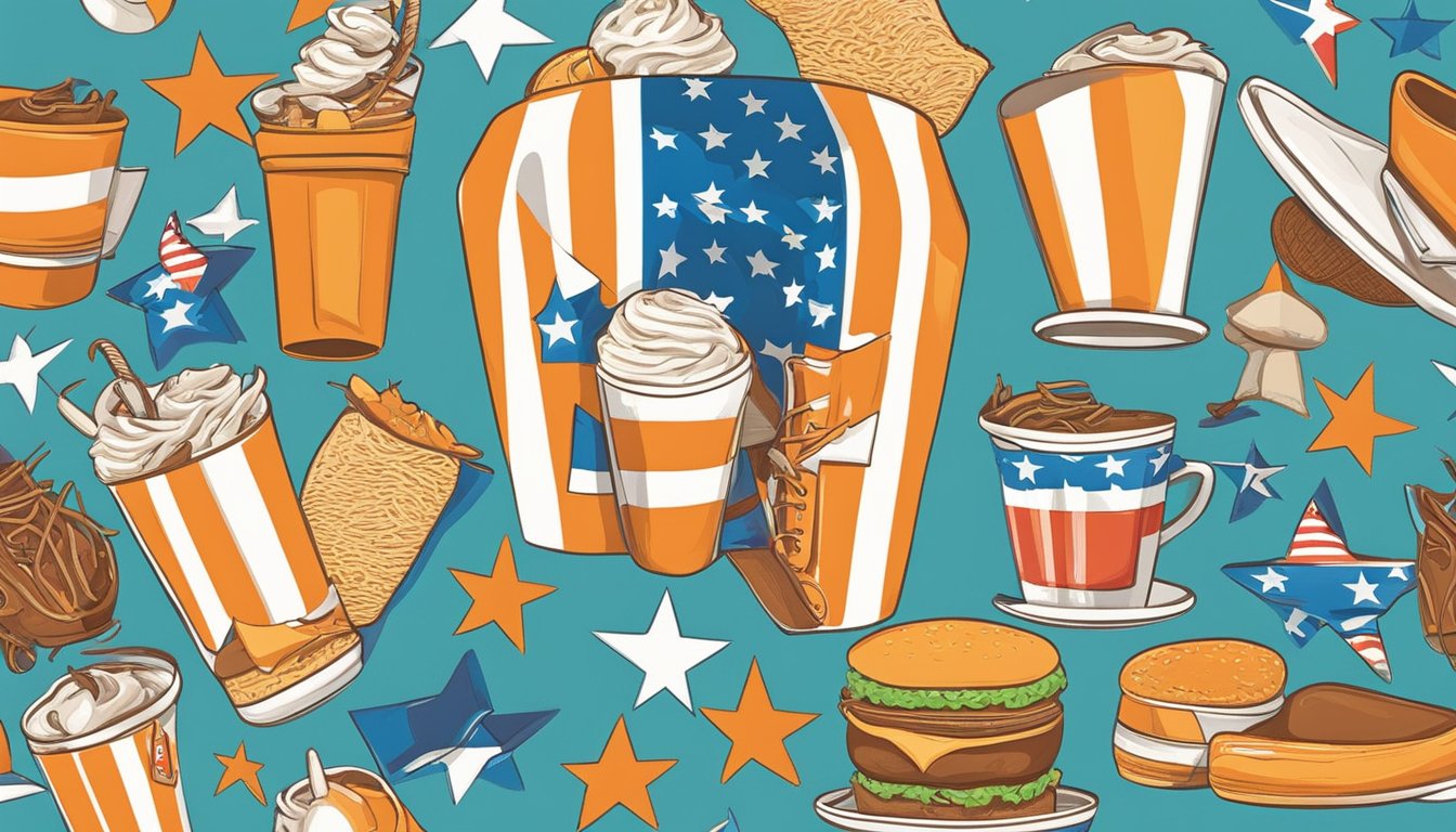 A lone Whataburger cup surrounded by Texas-themed items and symbols, such as cowboy boots, a lone star, and a state flag, all arranged in a vibrant and playful composition