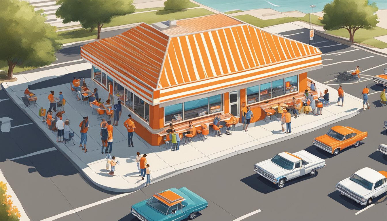 A bustling Whataburger restaurant with iconic orange and white striped awning, crowded parking lot, and happy customers enjoying their meals