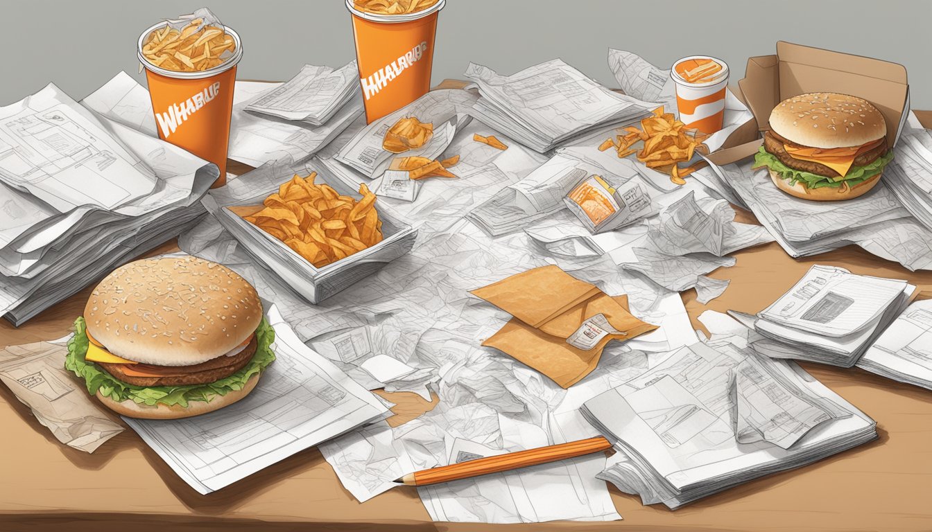 A cluttered desk with sketches and prototypes of failed Whataburger menu items, surrounded by crumpled papers and discarded packaging