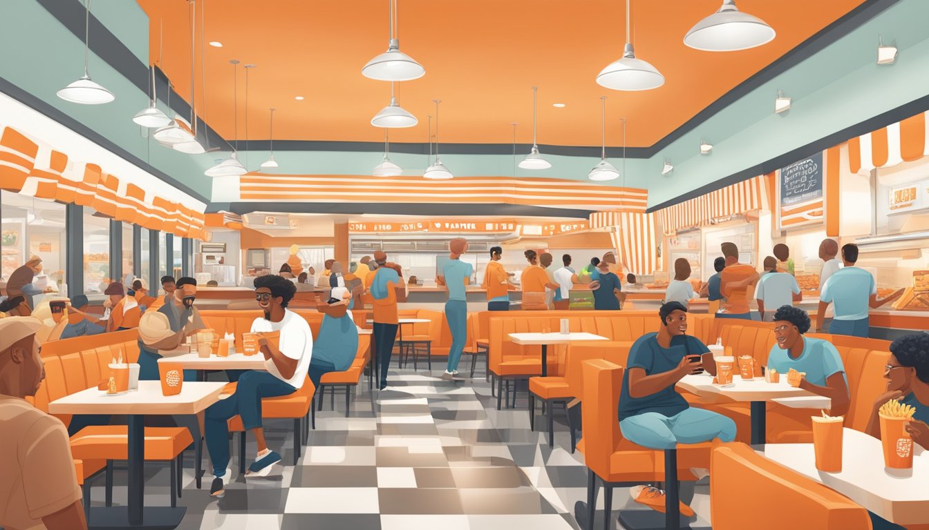 A crowded Whataburger restaurant with iconic orange and white decor, people enjoying burgers and fries, and laughing at memes on their phones