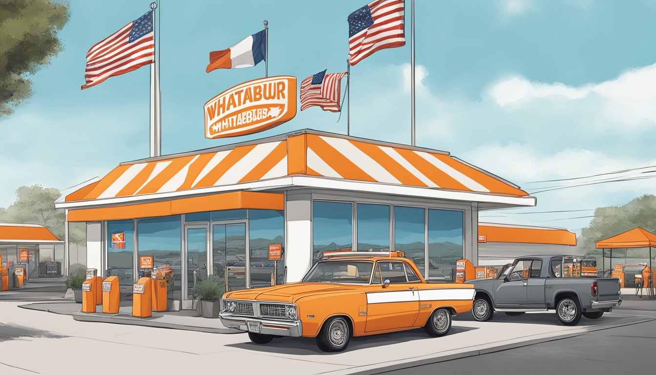 A bustling Whataburger drive-thru with extended hours, surrounded by Texas flags and adapted for major events