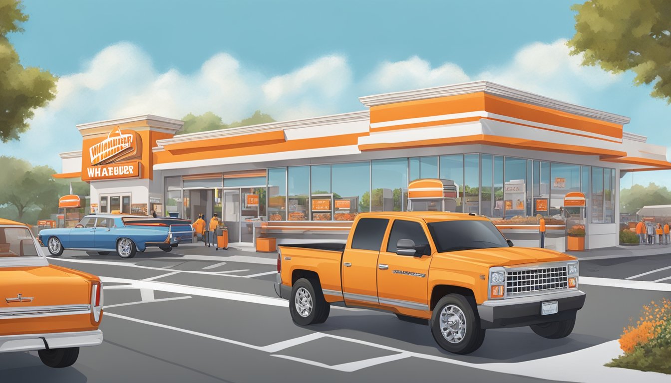 A bustling Whataburger store with a line of cars at the drive-thru, a busy mobile ordering pickup area, and a large event banner displayed outside