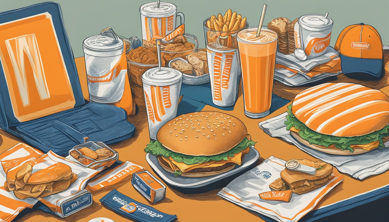 A vintage Whataburger T-shirt surrounded by other Whataburger merchandise items on a table