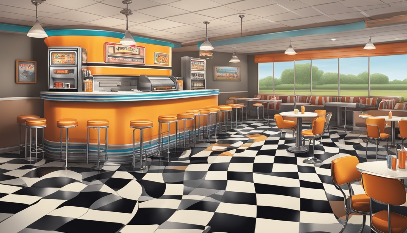 A retro diner with a jukebox, checkered floors, and a counter lined with Whatachick'n Bites and Whataburger commercials playing on TV screens