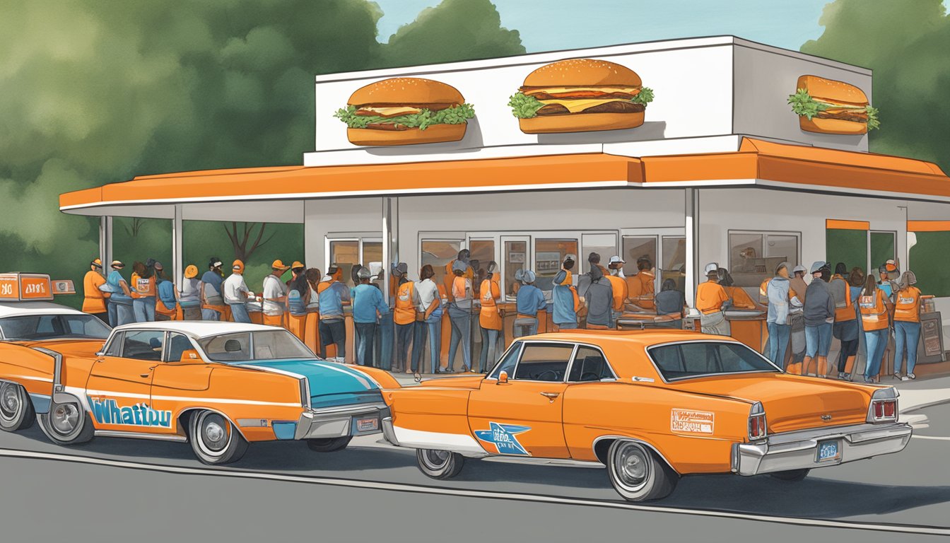 A Whataburger drive-thru with cars lined up, featuring contactless payment options and staff wearing masks during a major Texas event