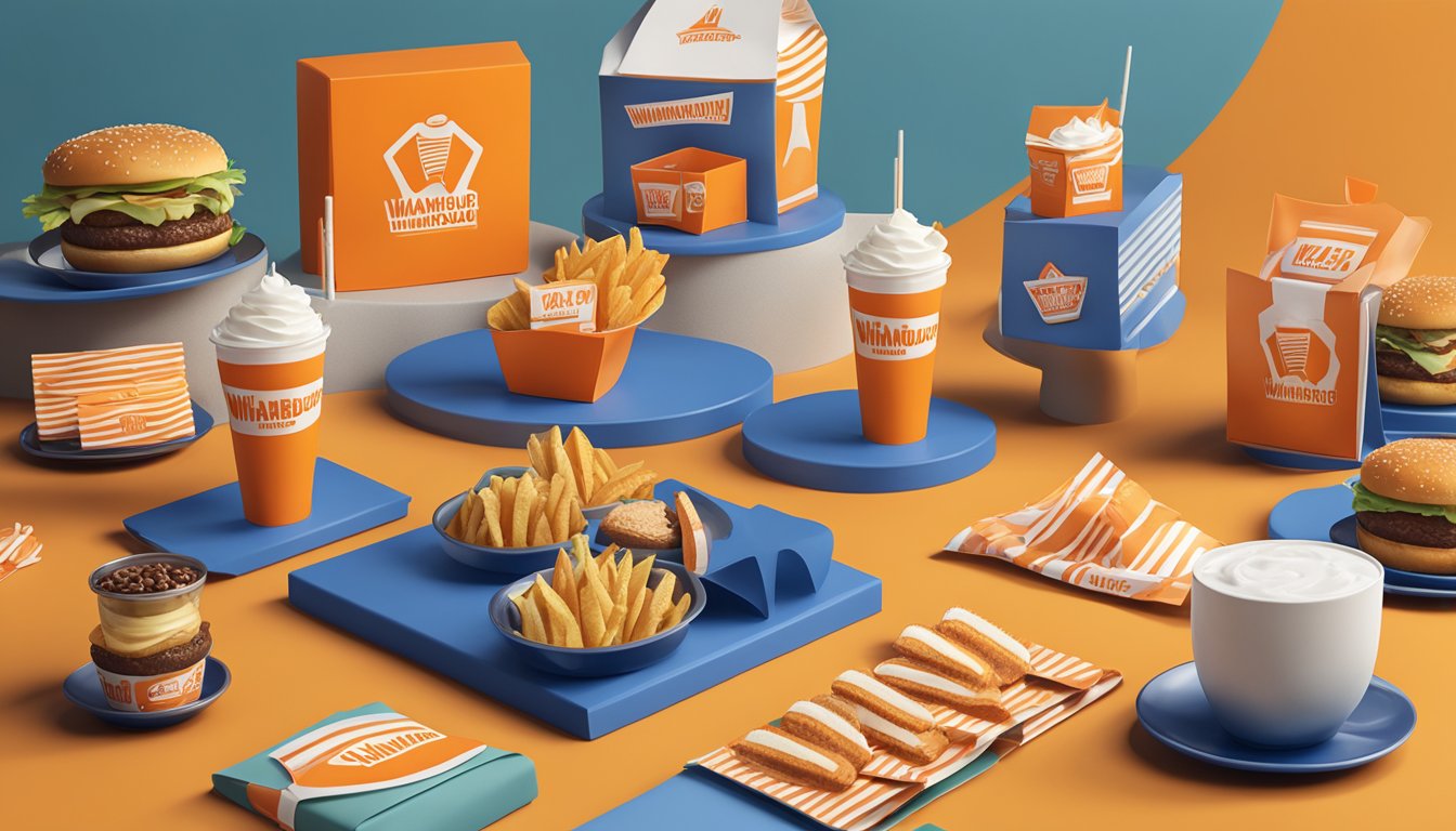 A pair of Whataburger table tent earrings surrounded by other merchandise items on a display table