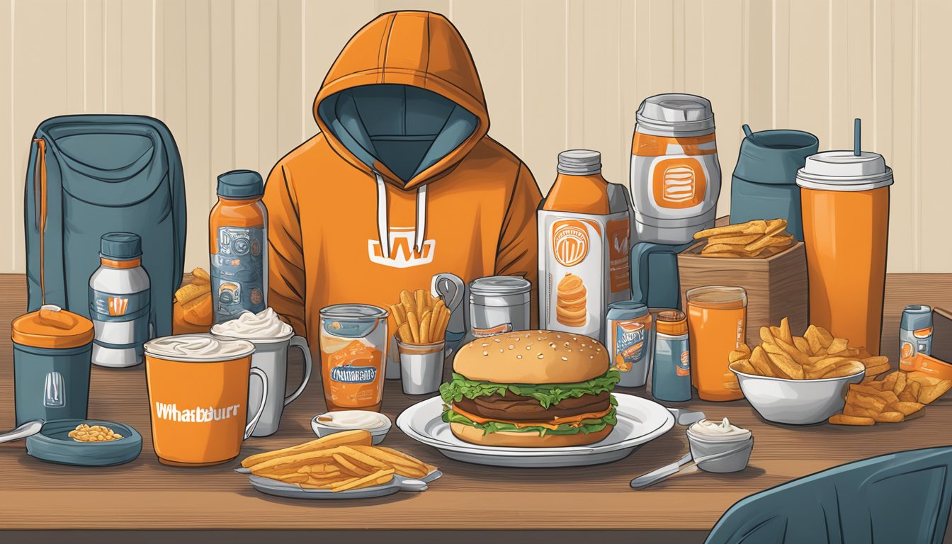 A cozy Whataburger hoodie surrounded by 6 merchandise items on a table