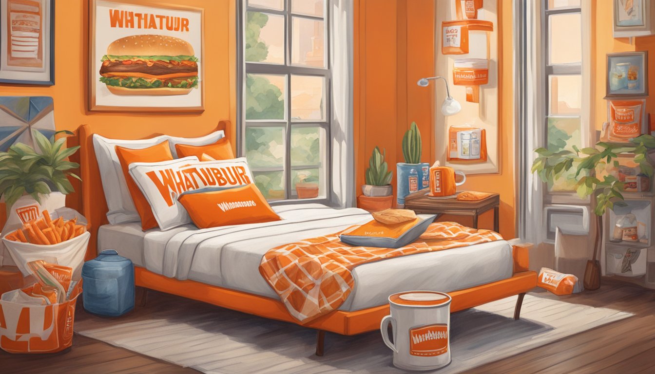 A cozy bed with a Whataburger ketchup pillow surrounded by other Whataburger merchandise items