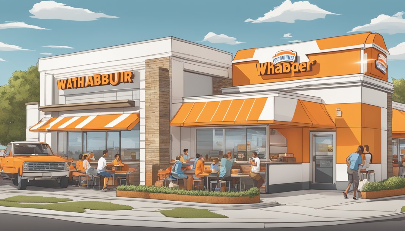 A bustling Whataburger restaurant with customers enjoying their meals, while a large screen above displays 12 iconic WhataCatch sandwich commercials