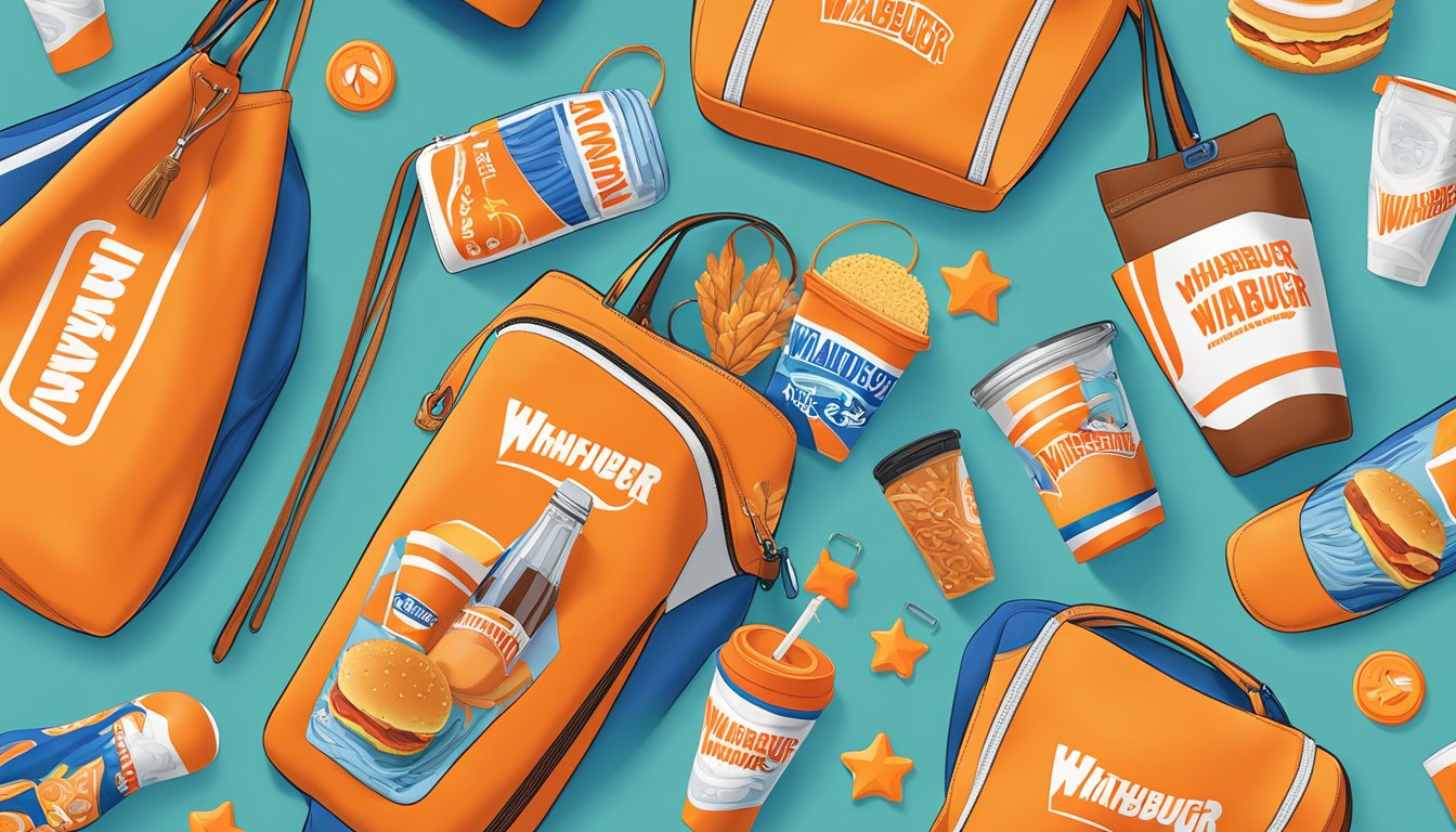 A vibrant neoprene tote bag surrounded by Whataburger merchandise items, including a tumbler, hat, keychain, socks, and a phone case