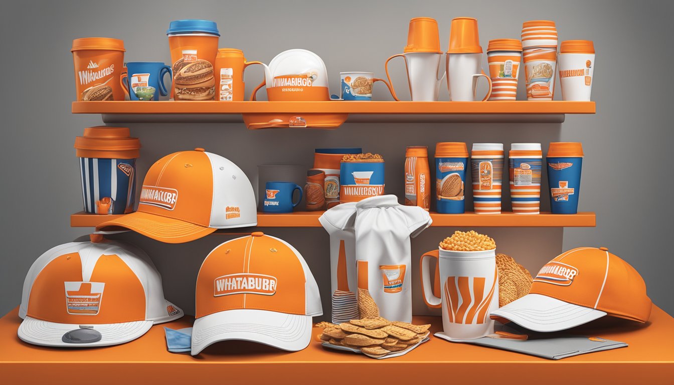 A colorful display of Whataburger merchandise items arranged on a shelf, including t-shirts, hats, mugs, and other branded collectibles