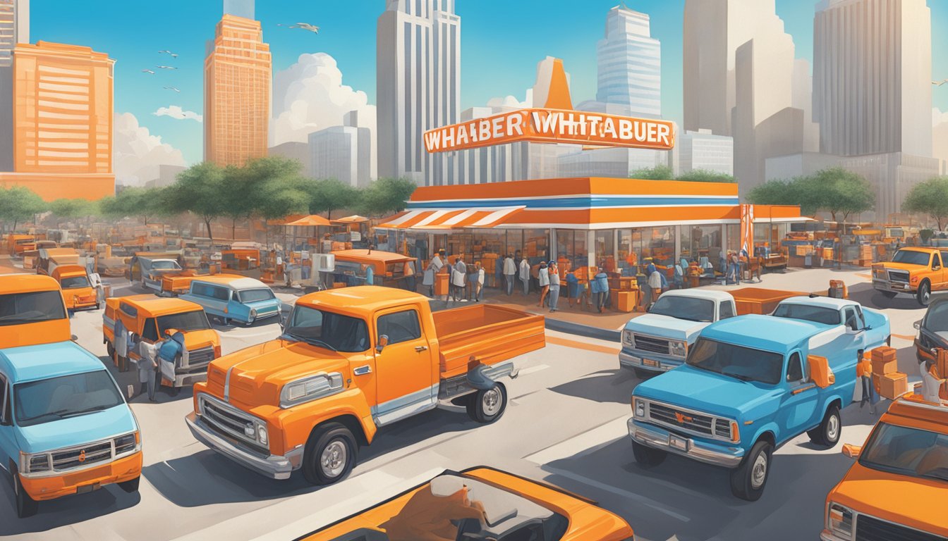 Whataburger logo surrounded by various delivery vehicles in a bustling Texas city during a major event