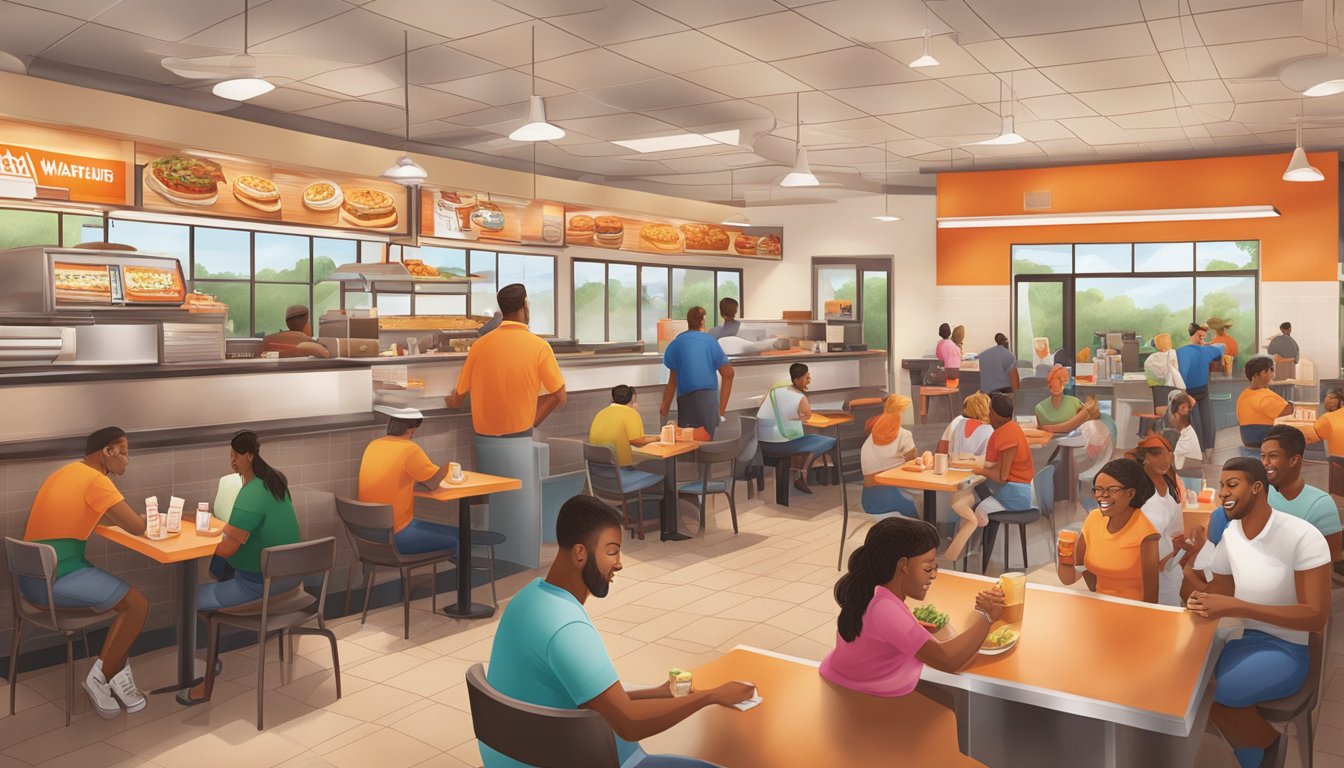 A bustling Whataburger restaurant with a warm, inviting atmosphere and a sense of community as customers enjoy their meals