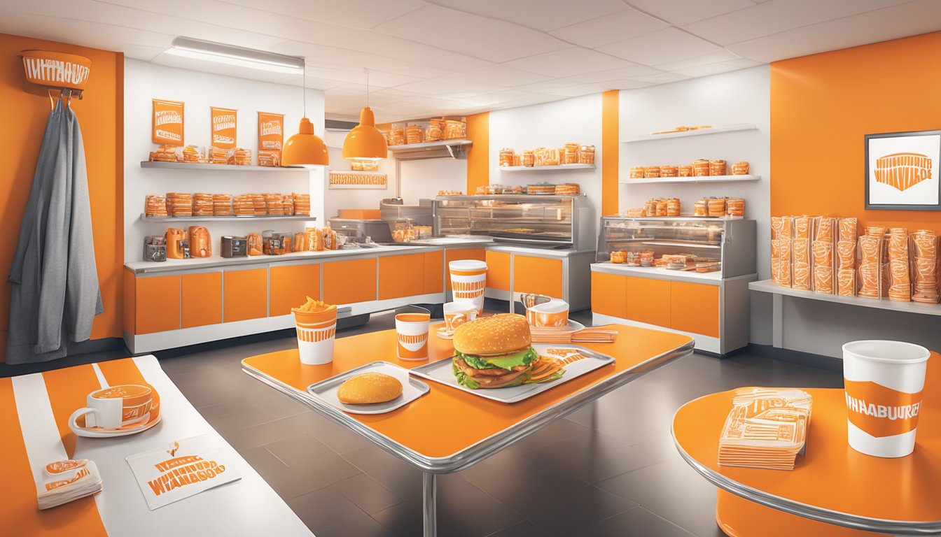 A table with Whataburger merchandise items such as mugs, t-shirts, hats, and keychains displayed in a well-lit room with the iconic orange and white color scheme