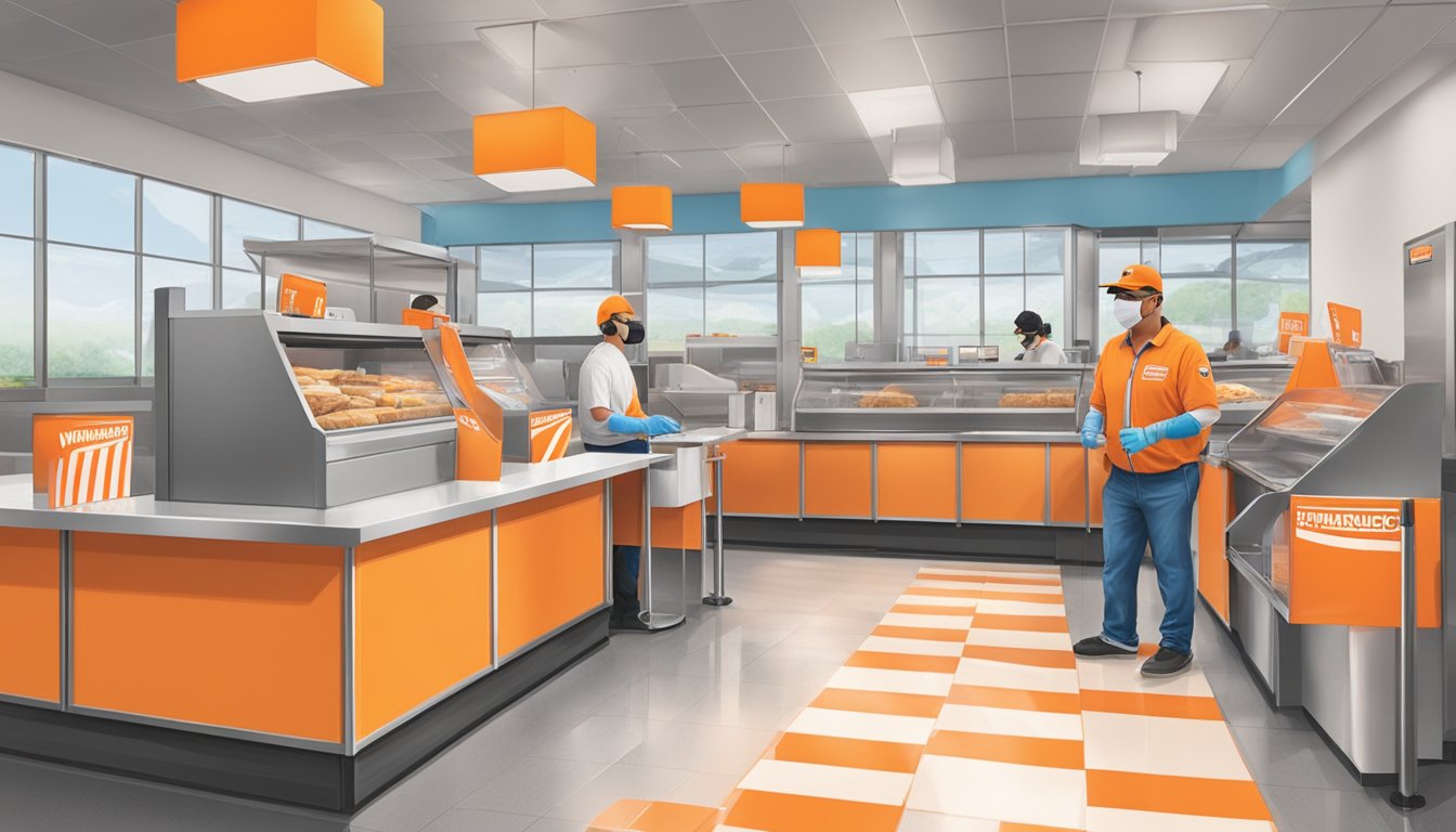 Whataburger employees wearing masks and gloves, with plexiglass barriers at the counter and social distancing markers on the floor