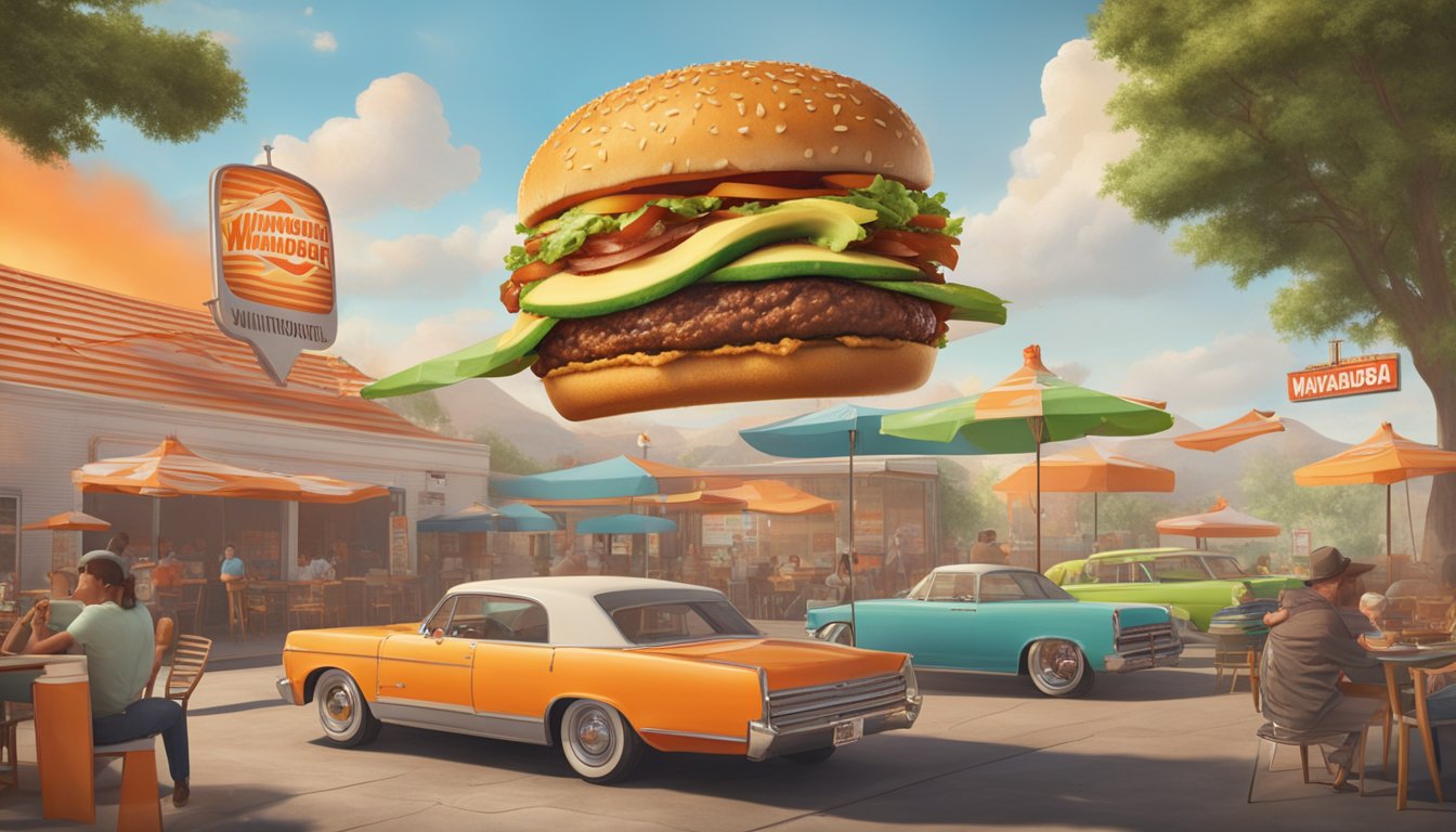 A sizzling burger topped with avocado and bacon is launched into the air, surrounded by vintage Whataburger commercials playing on a screen in the background