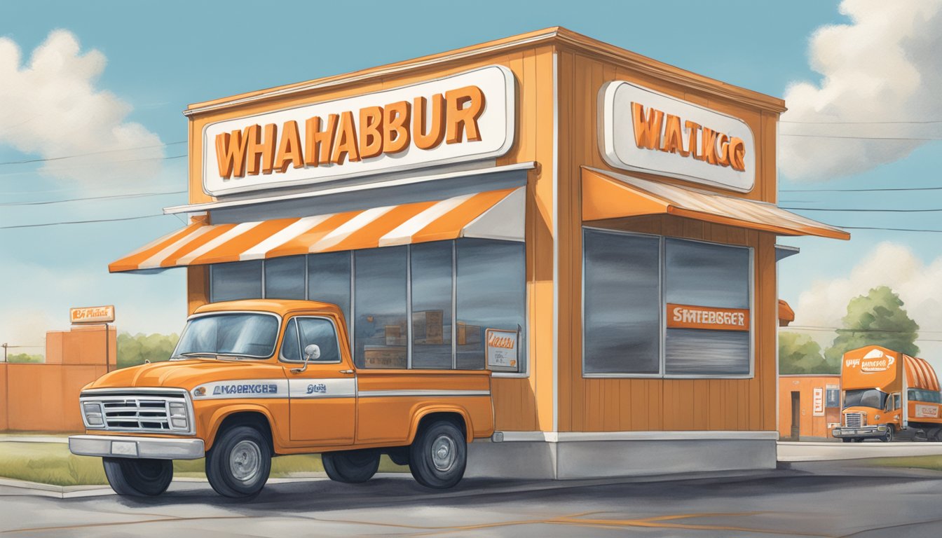 Whataburger store with storm shutters closed, delivery truck parked outside, and a sign advertising discounts during major Texas events