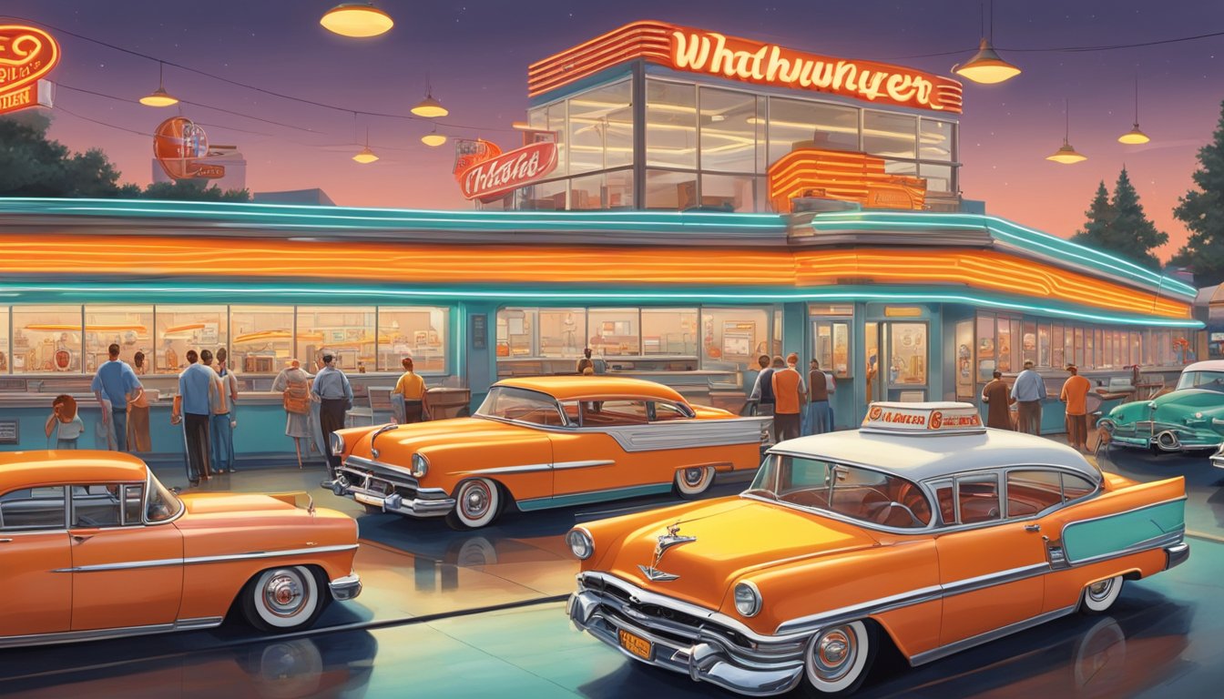 A bustling 1950s diner with neon signs, vintage cars, and a Whataburger logo prominently displayed