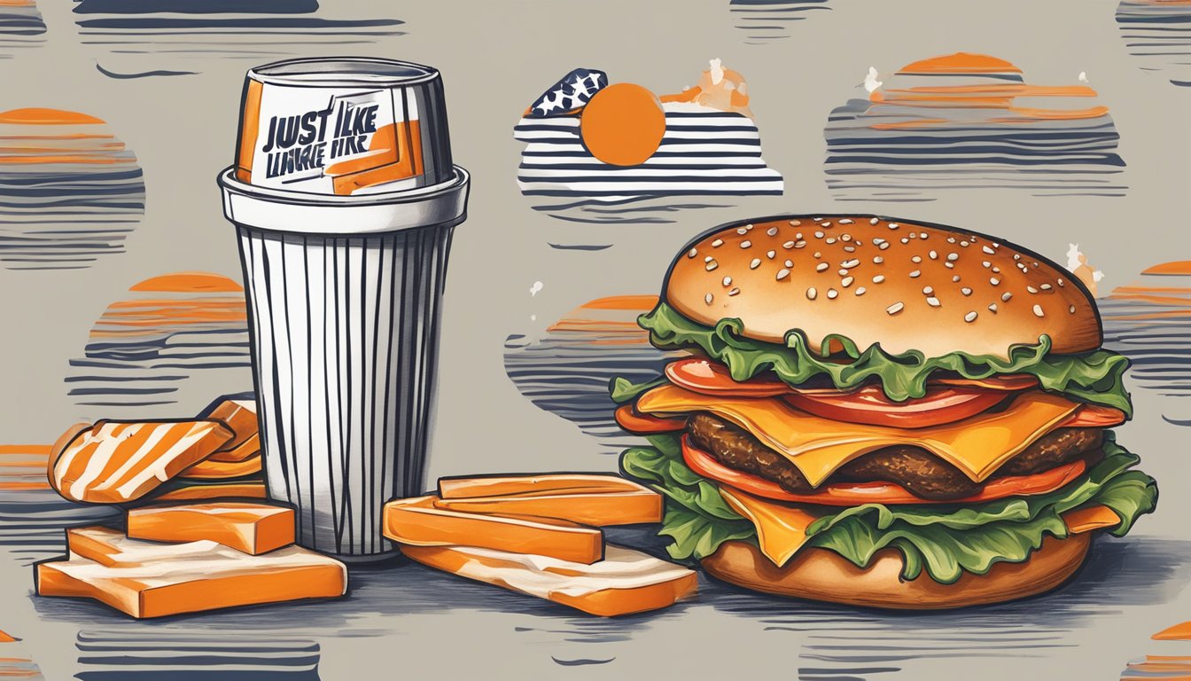 A Whataburger-inspired tattoo design featuring the iconic orange and white stripes, a juicy burger, and a large drink with the signature "Just Like You Like It" slogan