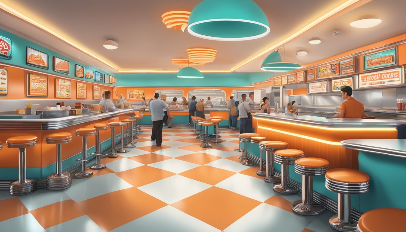 A bustling 1950s-style diner, with neon signs and chrome accents, filled with diverse customers enjoying Whataburger meals