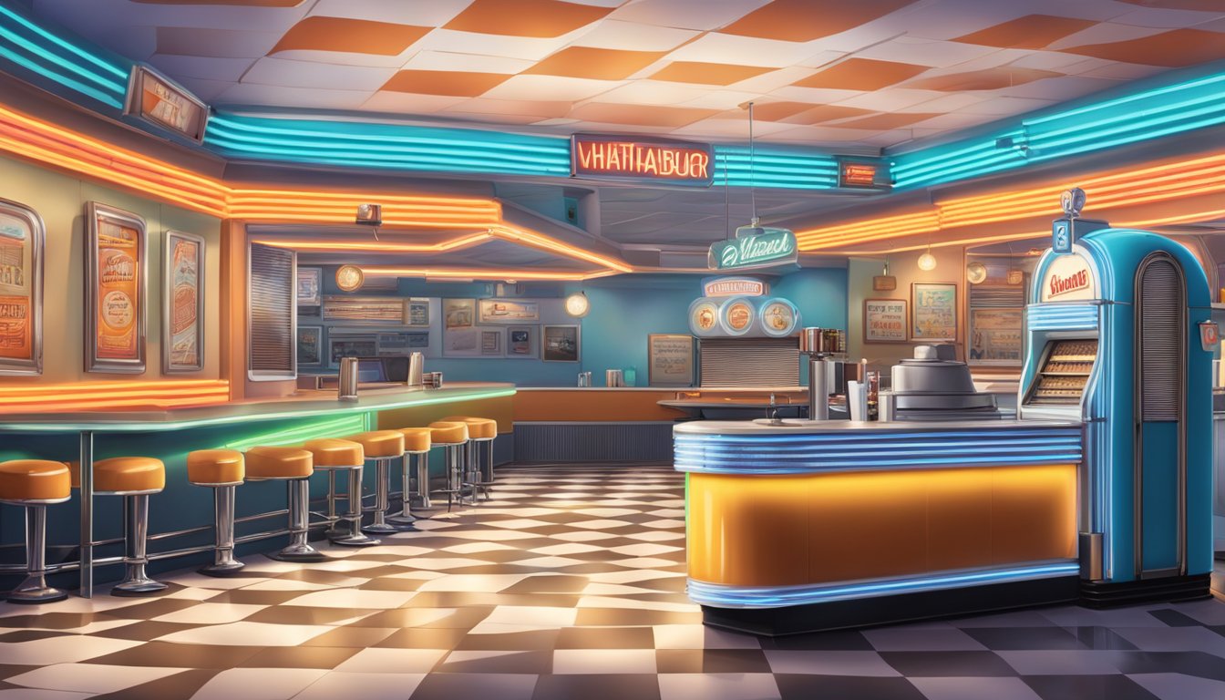 A vintage diner with a neon sign, jukebox, and classic Whataburger ads on the walls