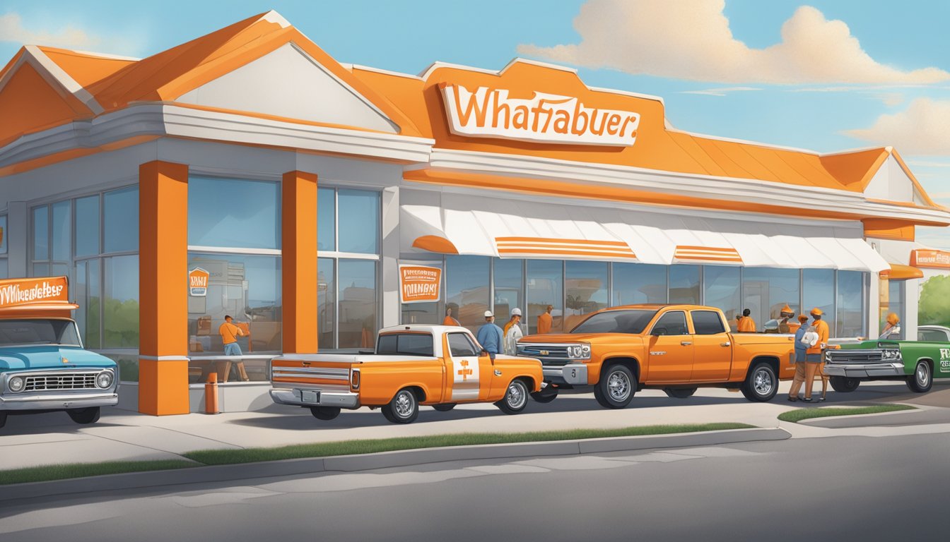 A bustling Whataburger restaurant with a line of cars wrapped around the drive-thru, employees wearing branded uniforms, and a large banner promoting partnerships with local organizations