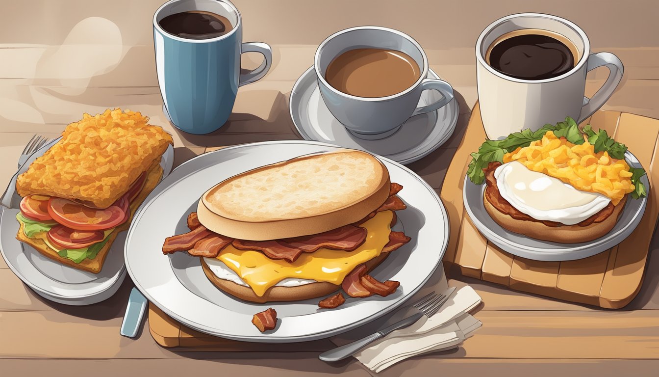 A colorful spread of breakfast items on a bun, including eggs, bacon, sausage, and cheese, with a side of hash browns and a steaming cup of coffee