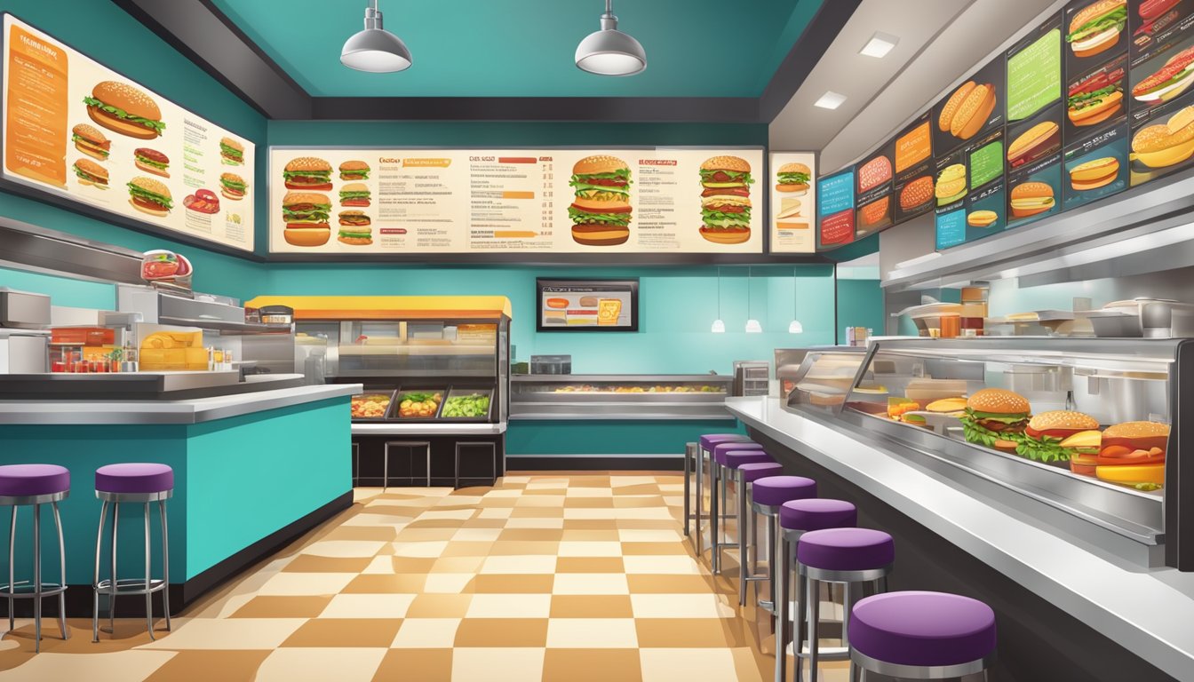 A colorful and bustling fast food restaurant with a counter displaying various burger ingredients and a menu board showcasing customizable options