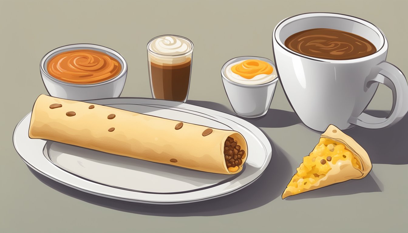 A taquito with cheese sits on a white plate next to a cup of coffee and a side of salsa