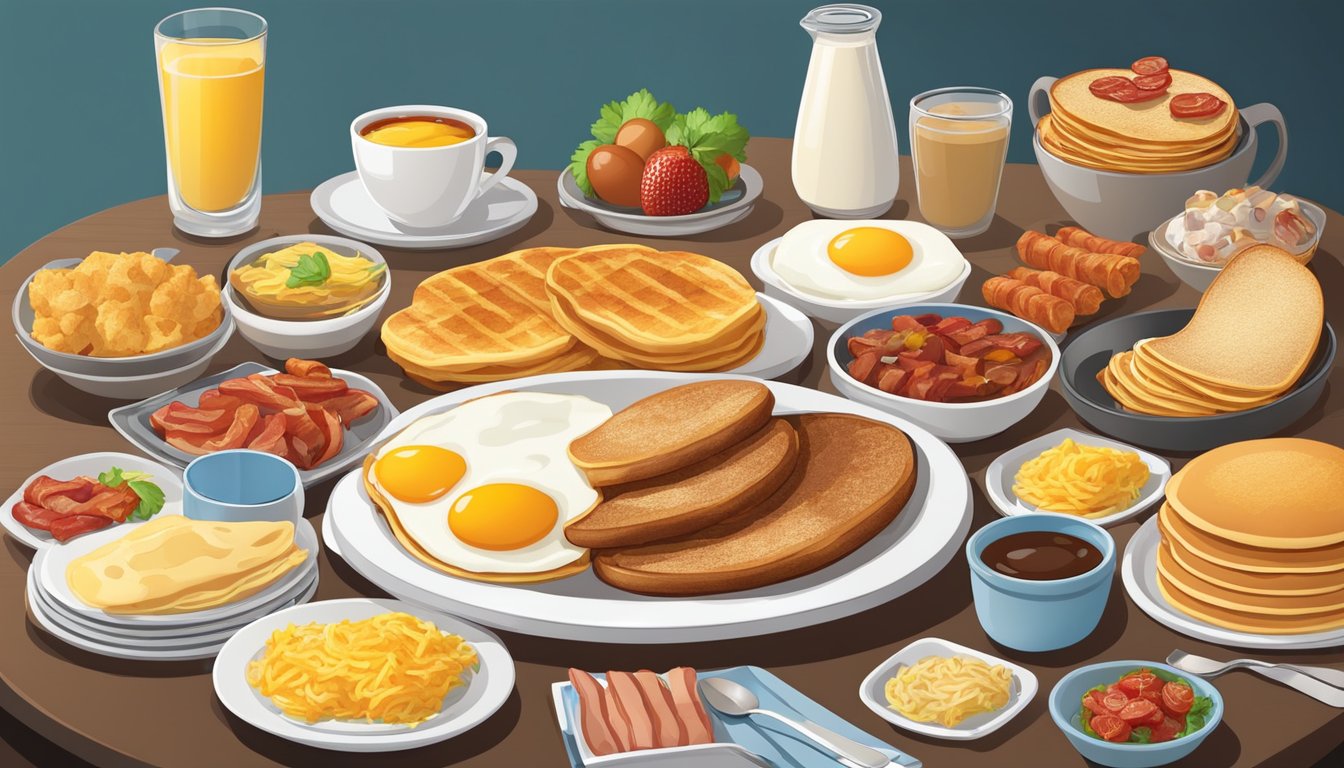 A colorful platter with a variety of breakfast items, including pancakes, eggs, bacon, sausage, hash browns, and toast, arranged in an appealing and appetizing display