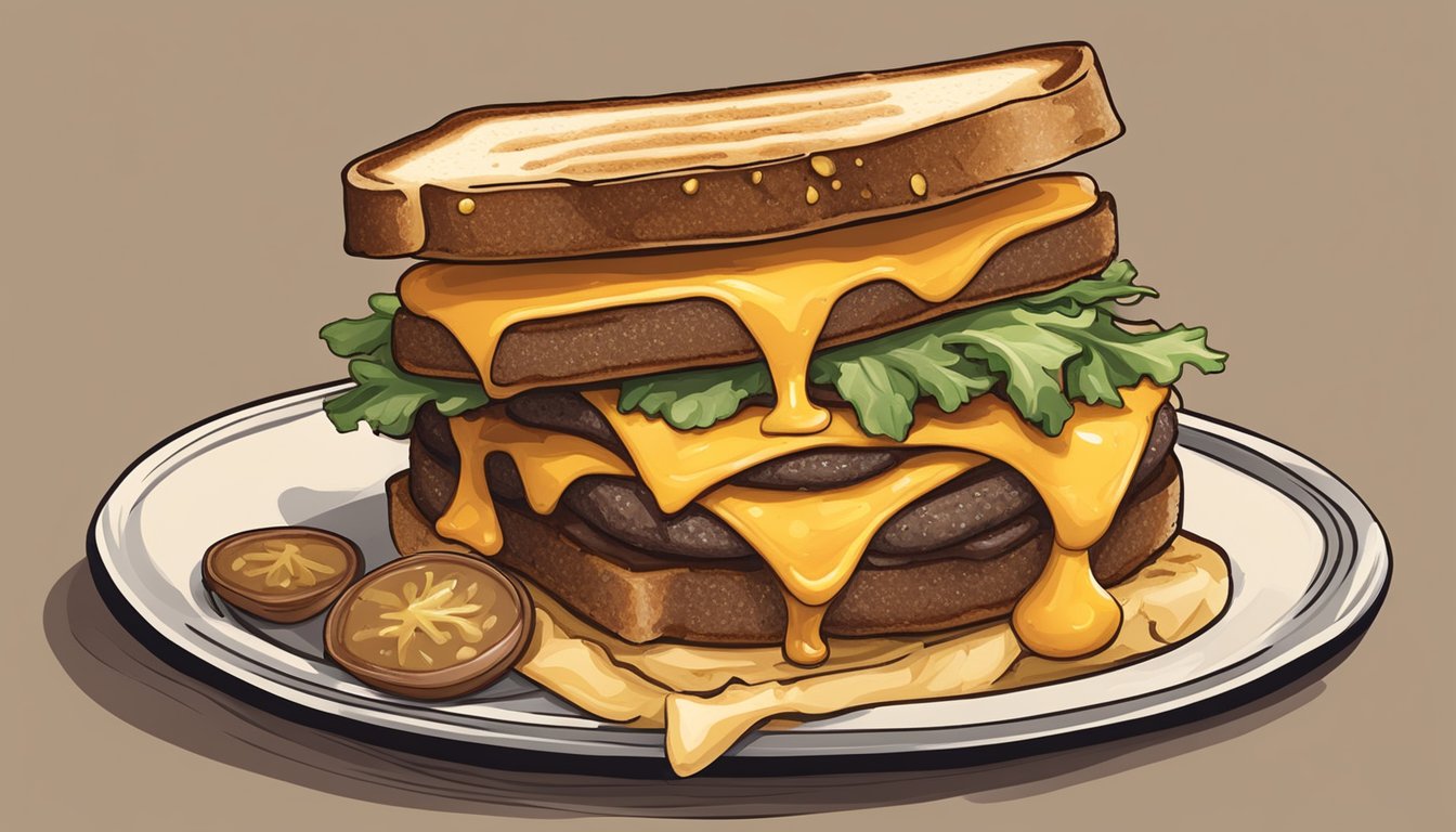 A mouthwatering patty melt with melted cheese, caramelized onions, and grilled rye bread