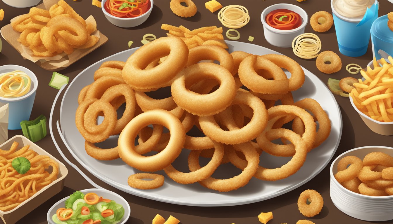 A plate of golden-brown, crispy thick-cut onion rings surrounded by various fast food logos and symbols