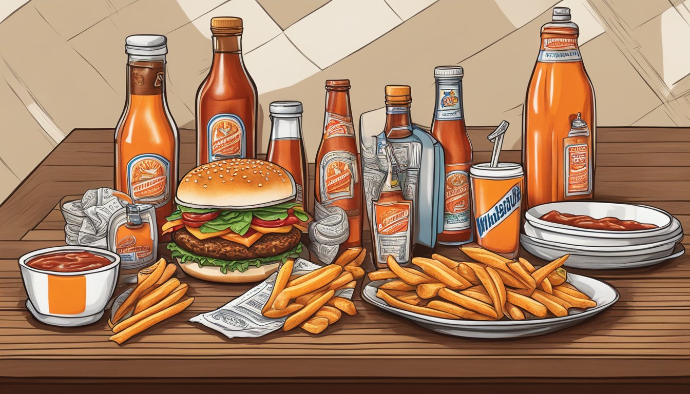 A table covered in Whataburger-inspired tattoos, with a bottle of spicy ketchup as the centerpiece