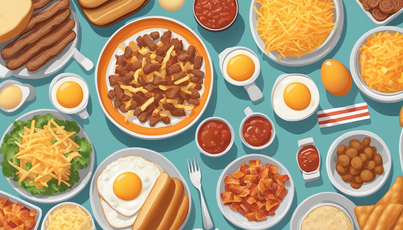 A colorful array of Whataburger breakfast items arranged in a bowl, including eggs, sausage, bacon, hash browns, cheese, and salsa