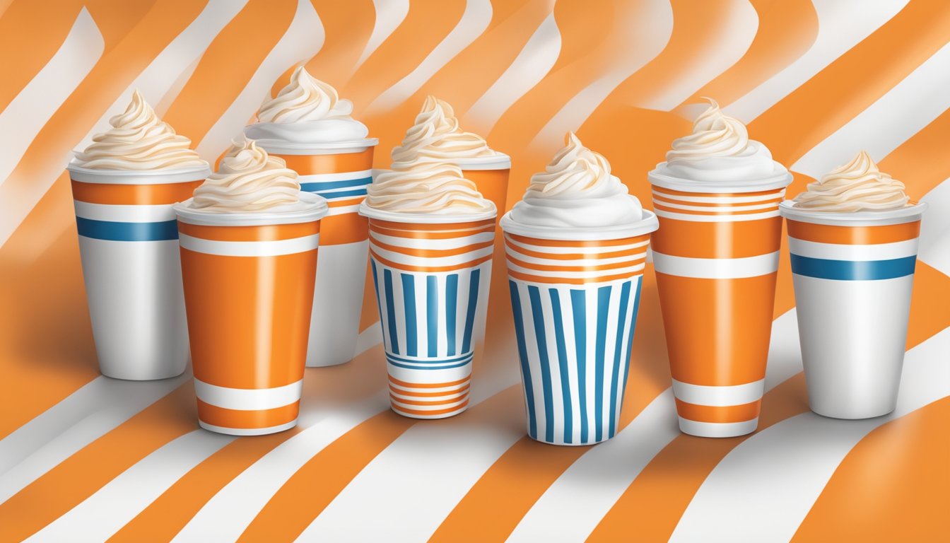 A vibrant orange and white striped cup with Whataburger-inspired designs