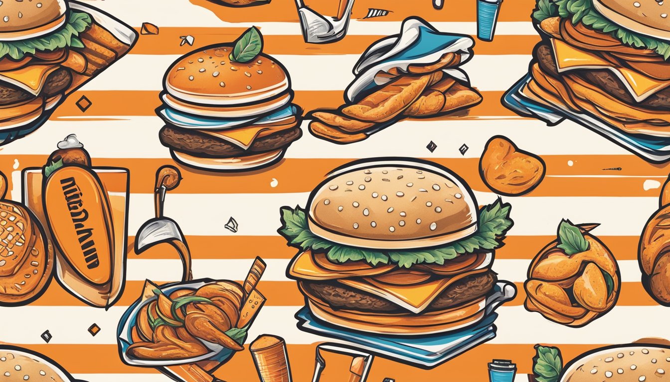 A colorful array of Whataburger-themed tattoos adorning various body parts, featuring iconic elements such as the orange and white stripes, the signature "W" logo, and delicious menu items