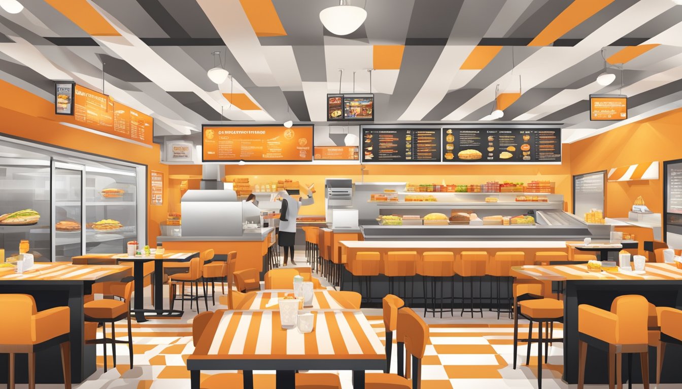 A bustling fast food restaurant with orange and white striped decor, featuring unique menu items and a distinct atmosphere