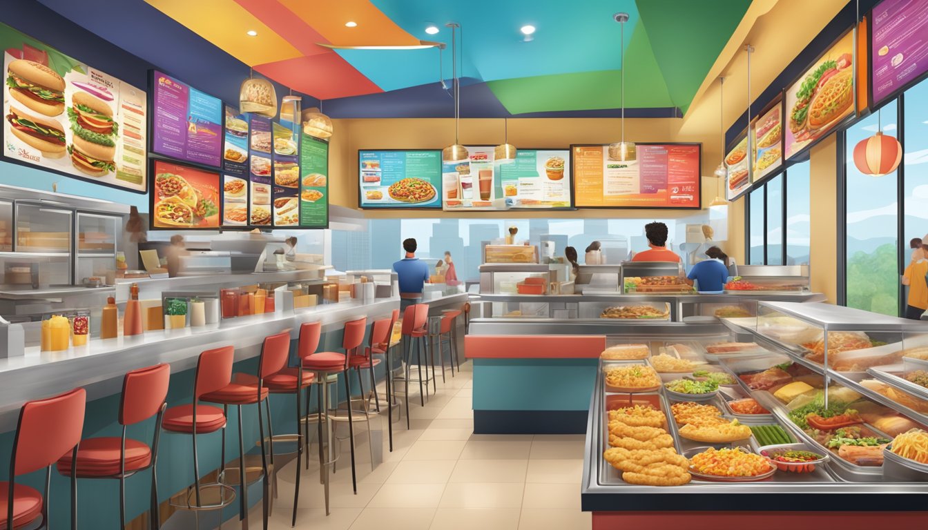 A bustling fast food restaurant with a colorful and diverse menu board featuring unique and innovative offerings, setting it apart from other chains