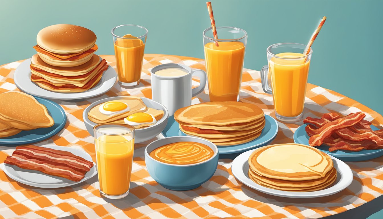 A table set with a variety of Whataburger breakfast items, including pancakes, eggs, bacon, and orange juice, arranged in an appetizing display