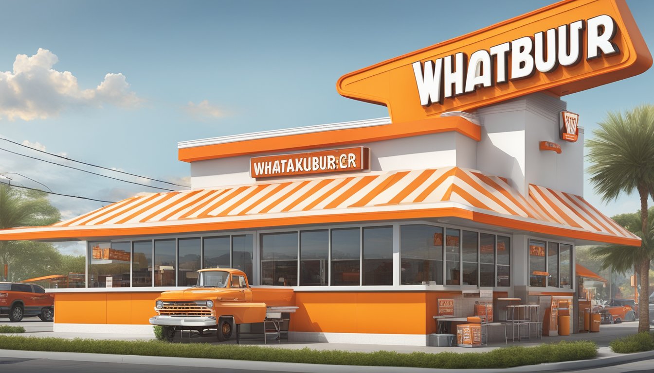 A bustling Whataburger restaurant stands out among other fast food chains with its distinct orange and white striped A-frame building, large orange "W" logo, and unique menu offerings