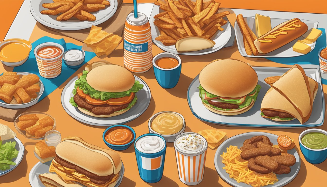 A colorful array of Whataburger breakfast items arranged on a table, including breakfast sandwiches, taquitos, pancakes, and hash browns, with condiments and beverages alongside