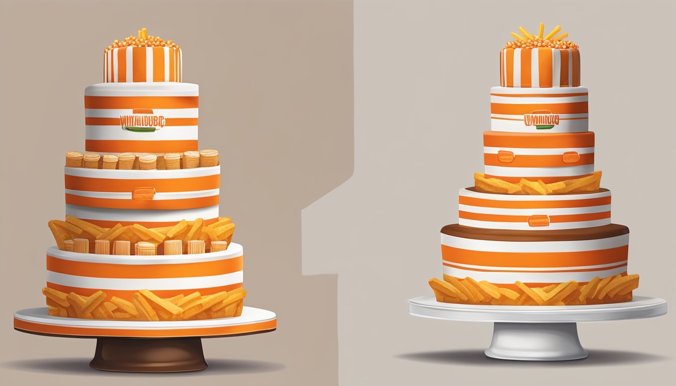 A multi-tiered wedding cake adorned with Whataburger-inspired elements, such as the iconic orange and white stripes, burger toppings, and fries