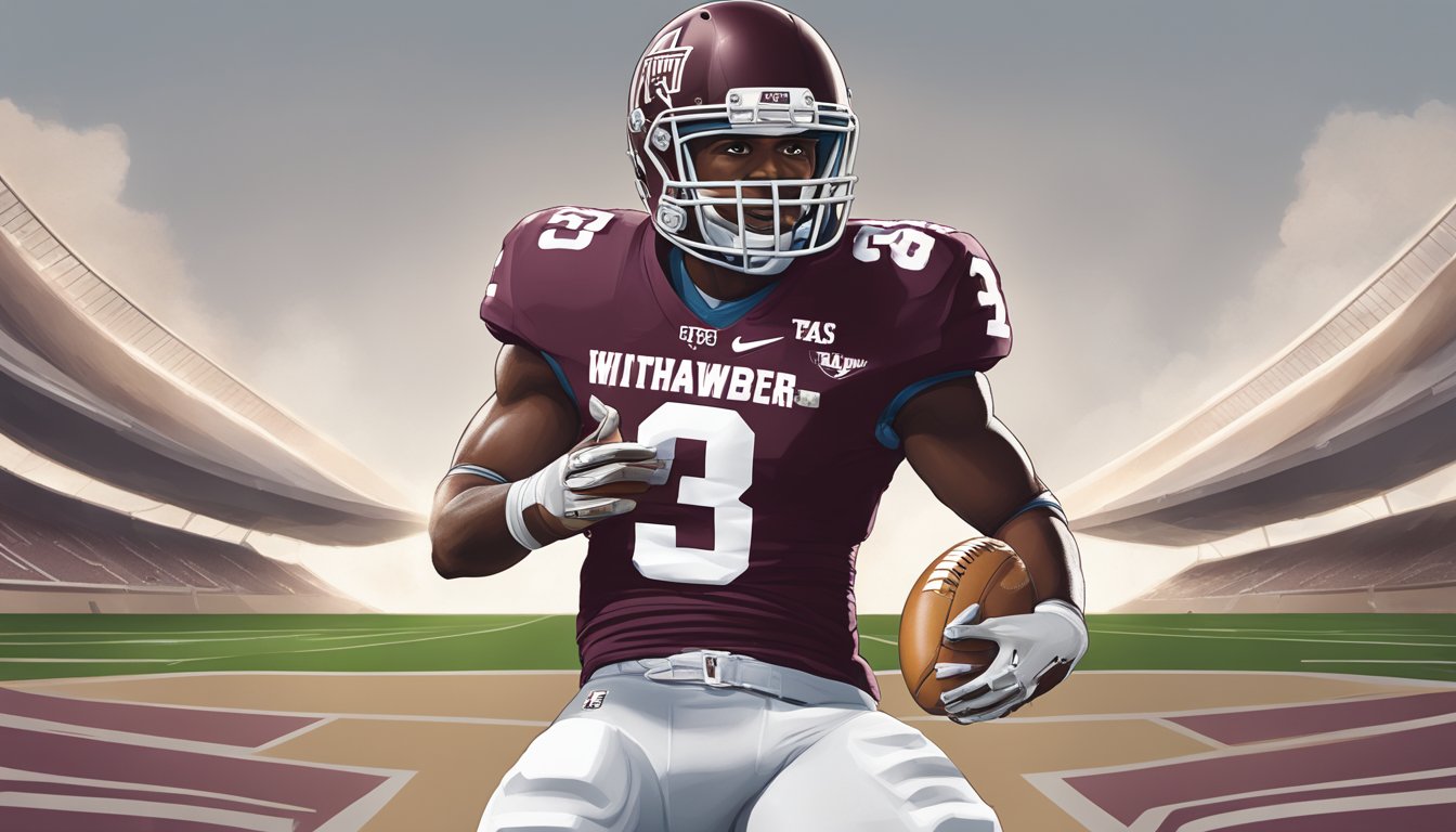 A football player holding a Whataburger cup while standing next to the Texas A&M Athletics logo