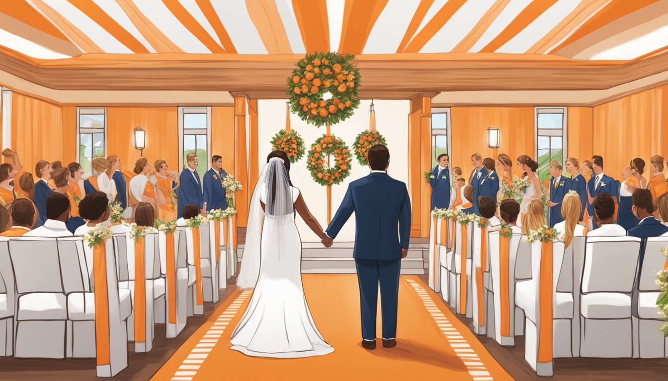 A bride and groom in Whataburger uniforms stand at the altar, surrounded by Whataburger-themed decorations and guests