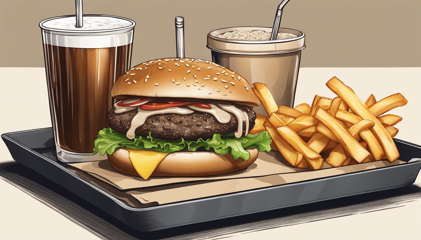 A sizzling Mushroom Swiss Burger is placed on a sesame seed bun, surrounded by crispy fries and a cold drink on a tray