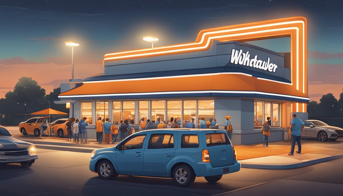 A bustling Whataburger drive-thru at night, with cars lined up under bright lights and employees serving customers at the window