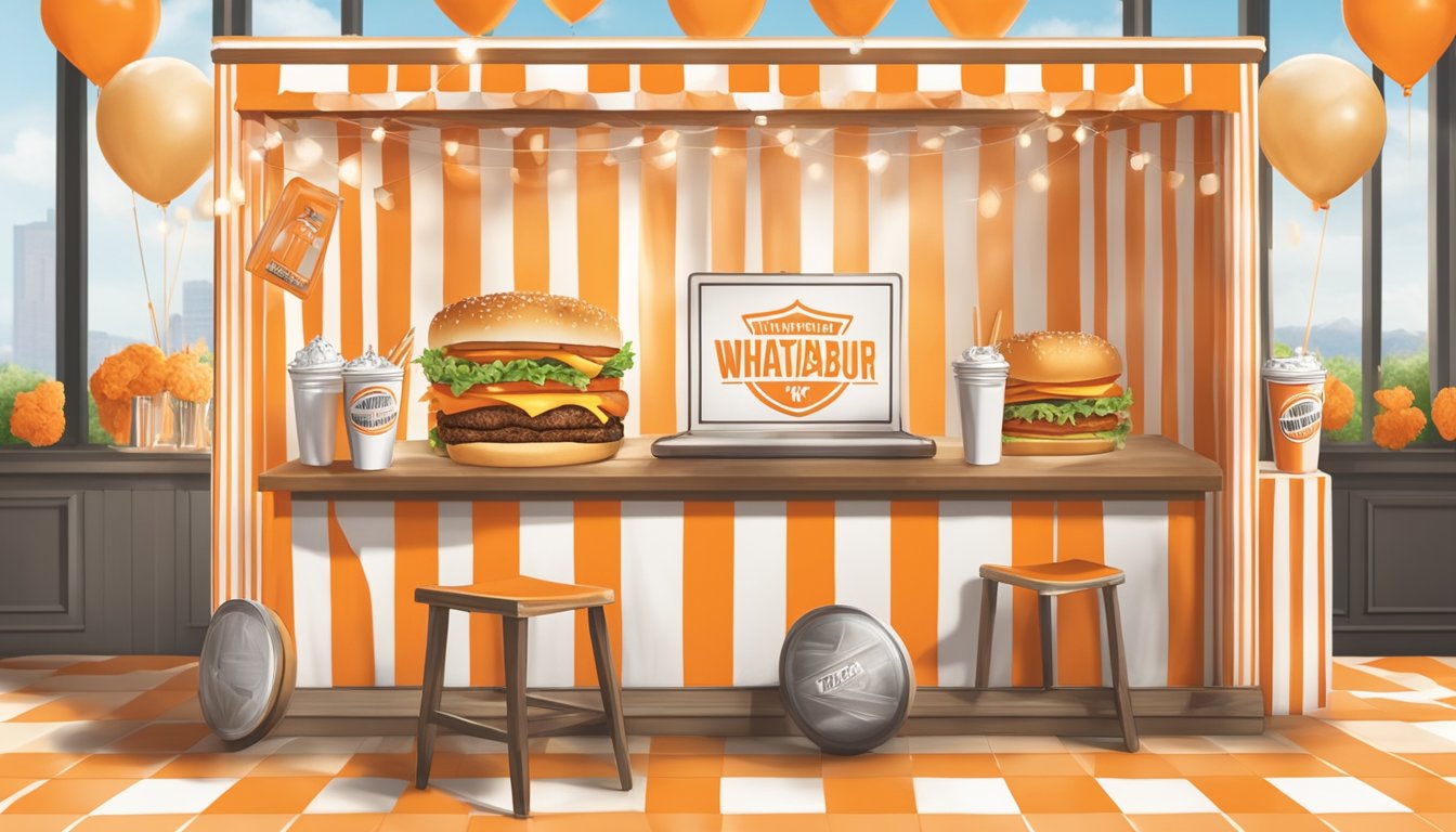 A Whataburger-themed photo booth at a wedding reception, complete with burger and fry props, checkered tablecloths, and the iconic orange and white color scheme