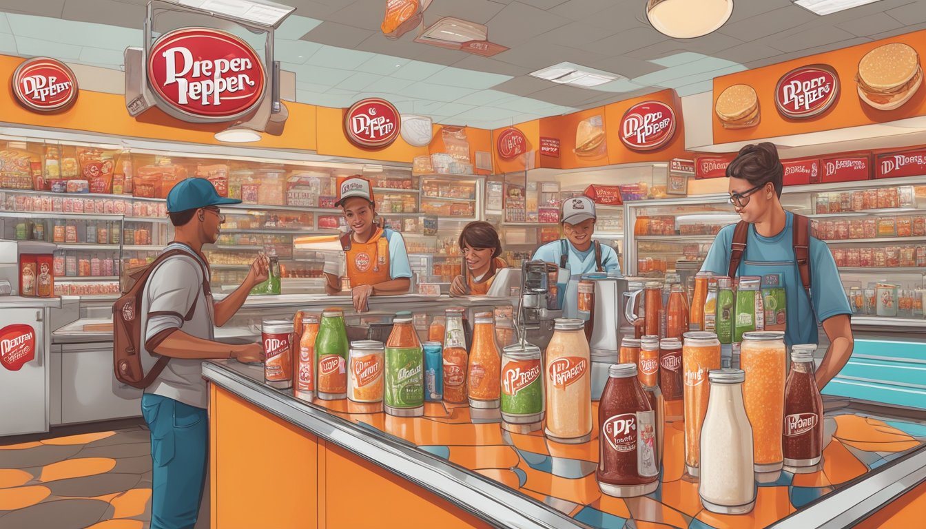 A colorful display of Dr Pepper shakes and Whataburger seasonal offerings, surrounded by nostalgic customers reminiscing about the items they miss