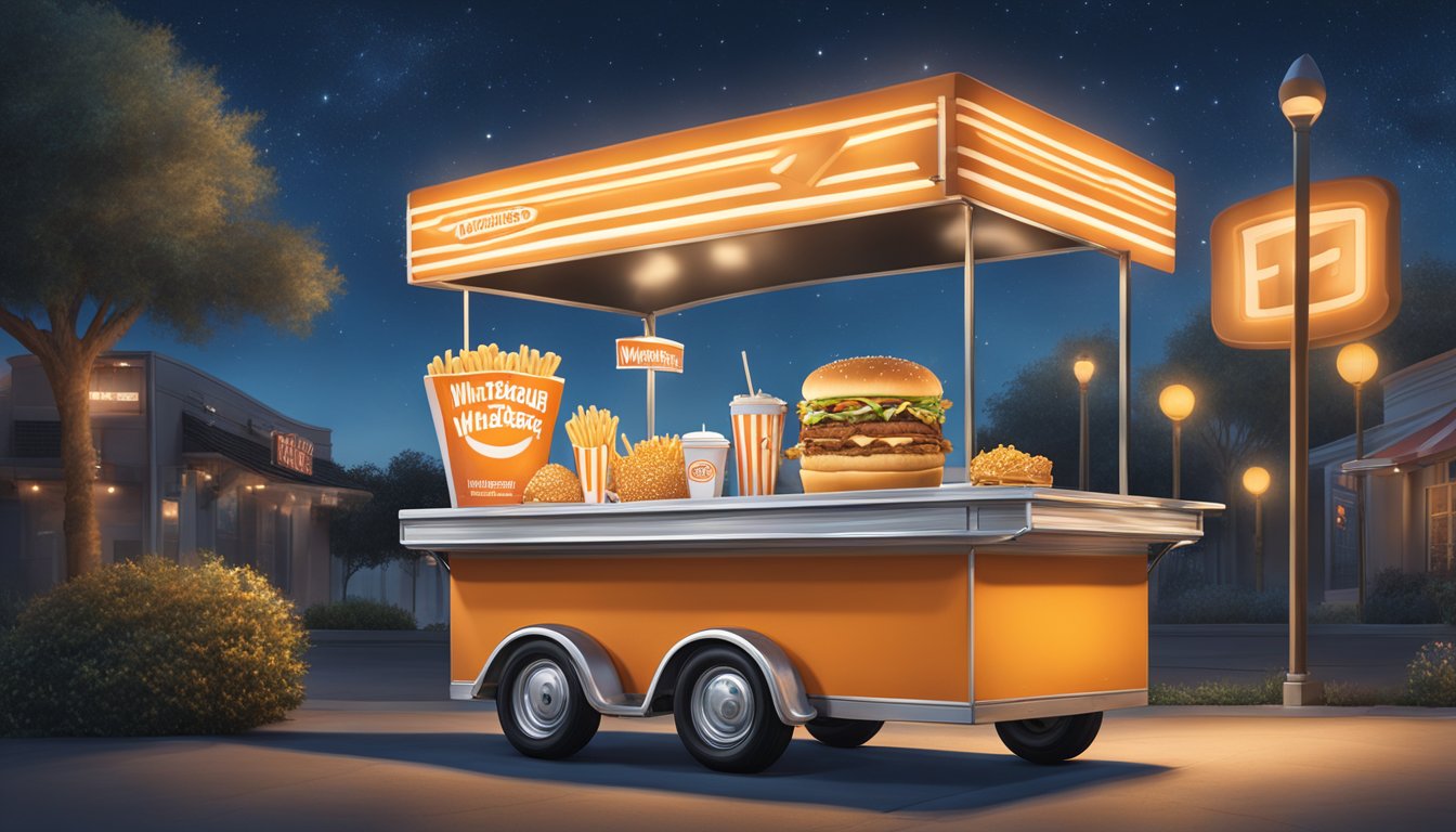 A Whataburger fry cart illuminated under a late-night sky, surrounded by wedding decor in the theme of the iconic fast-food chain