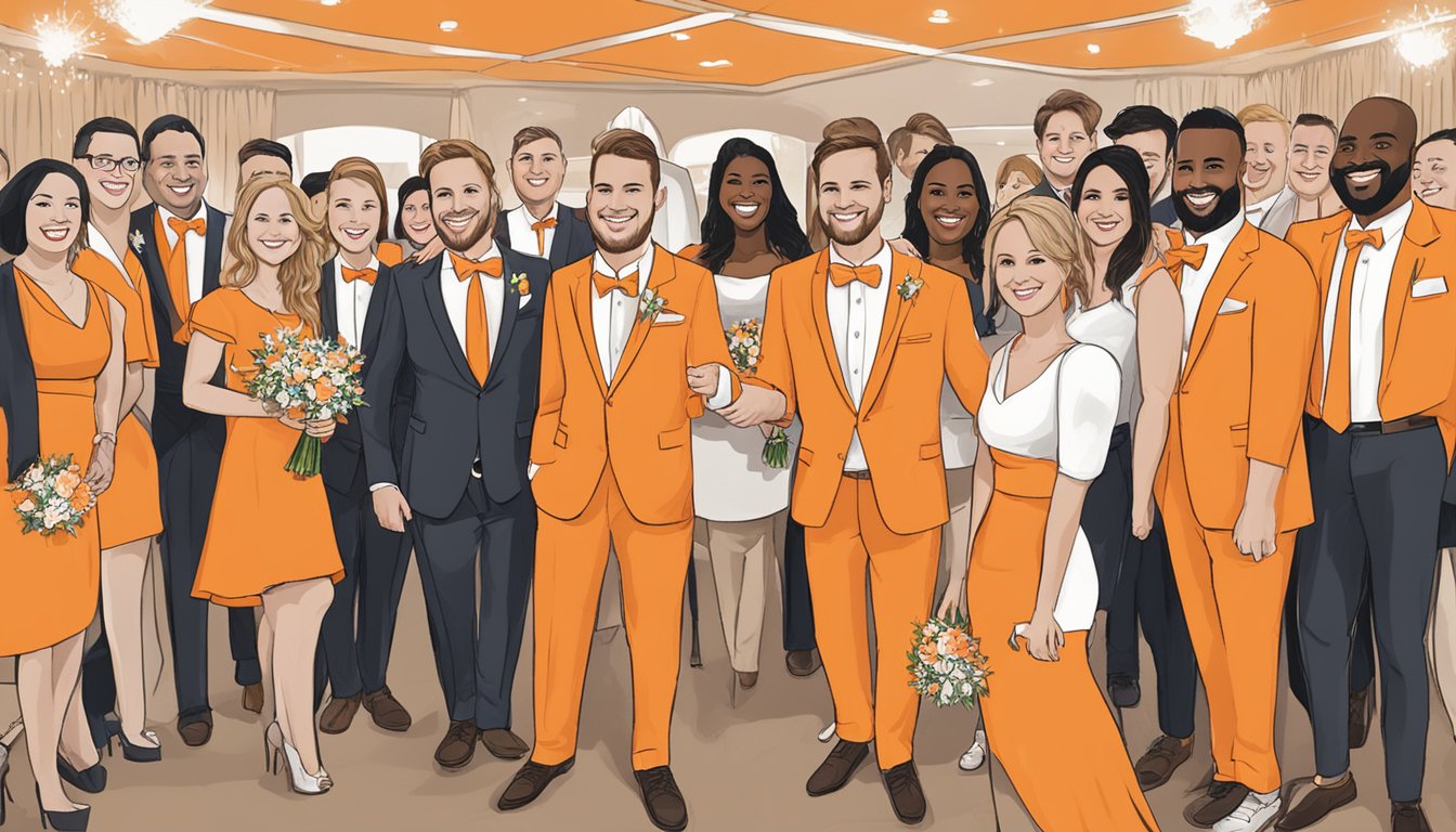 Guests in Whataburger orange attire celebrate at themed weddings